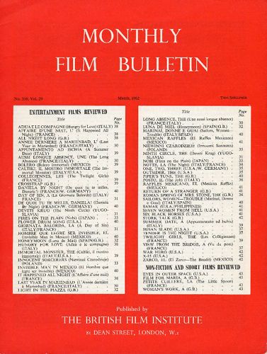MONTHLY FILM BULLETIN magazine side cover Issue 338 March 1962