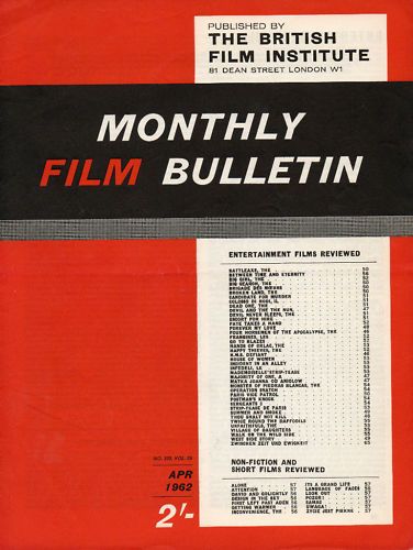MONTHLY FILM BULLETIN magazine side cover Issue 339 April 1962