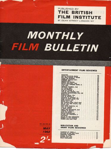 MONTHLY FILM BULLETIN magazine side cover Issue 340 May 1962