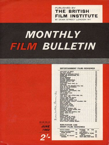 MONTHLY FILM BULLETIN magazine side cover Issue 341 June 1962
