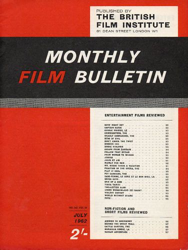 MONTHLY FILM BULLETIN magazine side cover Issue 342 July 1962