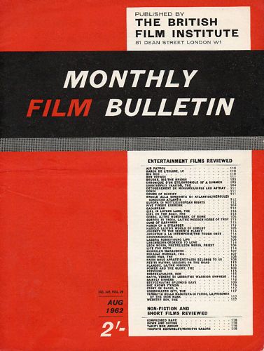 MONTHLY FILM BULLETIN magazine side cover Issue 343 August 1962