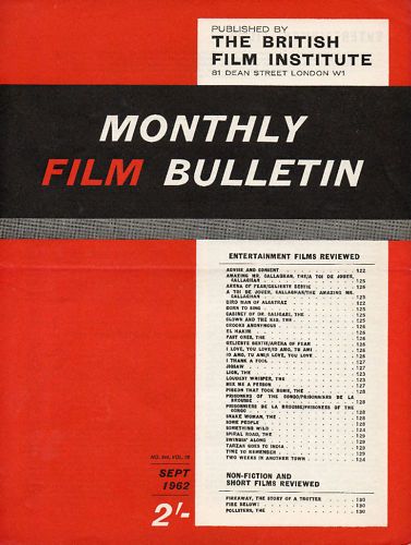 MONTHLY FILM BULLETIN magazine side cover Issue 344 September 1962
