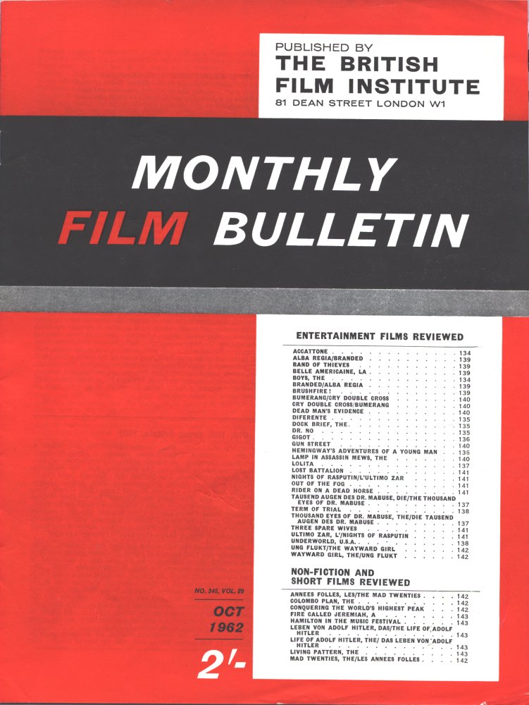 MONTHLY FILM BULLETIN magazine side cover Issue 345 October 1962