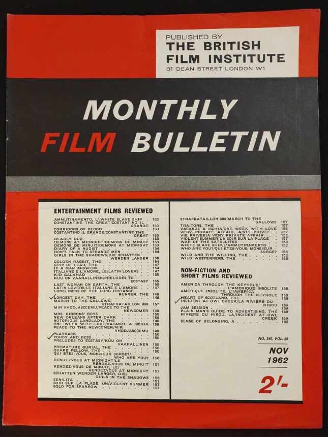 MONTHLY FILM BULLETIN magazine side cover Issue 346 November 1962