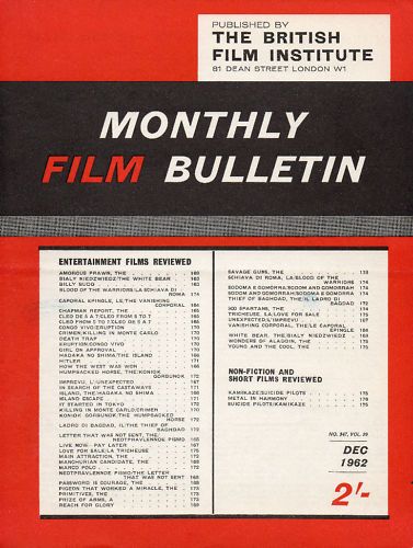 MONTHLY FILM BULLETIN magazine side cover Issue 347 December 1962