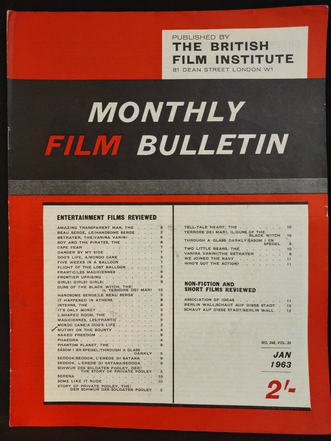 MONTHLY FILM BULLETIN magazine side cover Issue 348 January 1963