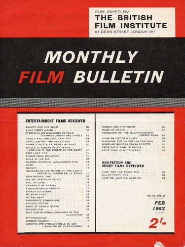 MONTHLY FILM BULLETIN magazine side cover Issue 349 February 1963