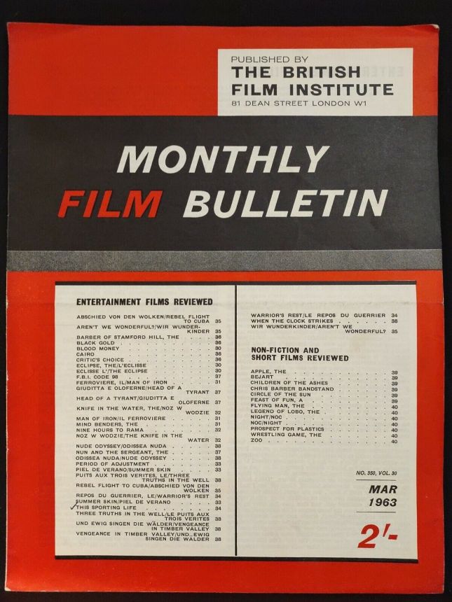 MONTHLY FILM BULLETIN magazine side cover Issue 350 March 1963