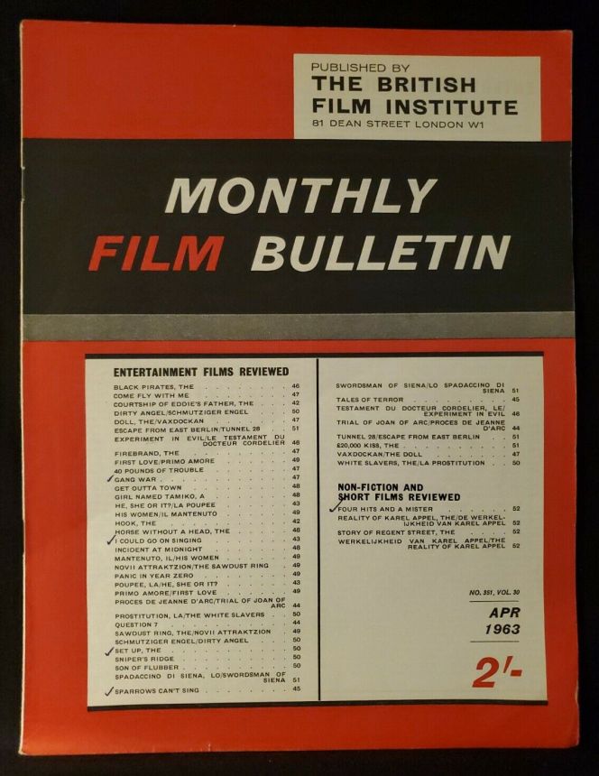 MONTHLY FILM BULLETIN magazine side cover Issue 351 April 1963