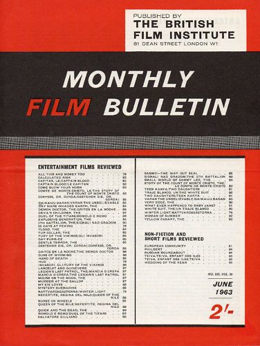 MONTHLY FILM BULLETIN magazine side cover Issue 353 June 1963