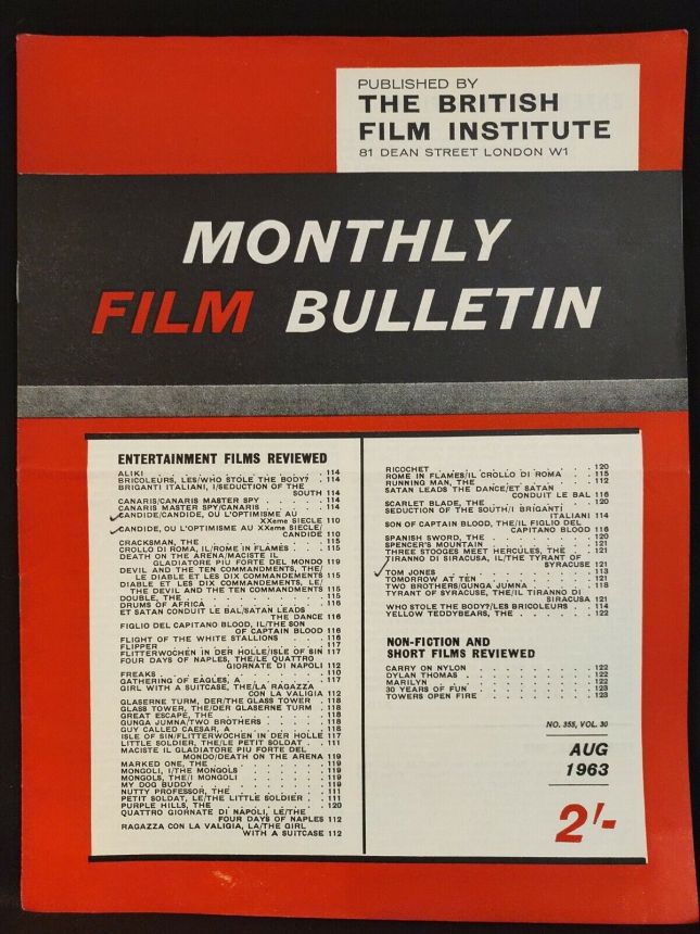 MONTHLY FILM BULLETIN magazine side cover Issue 355 August 1963