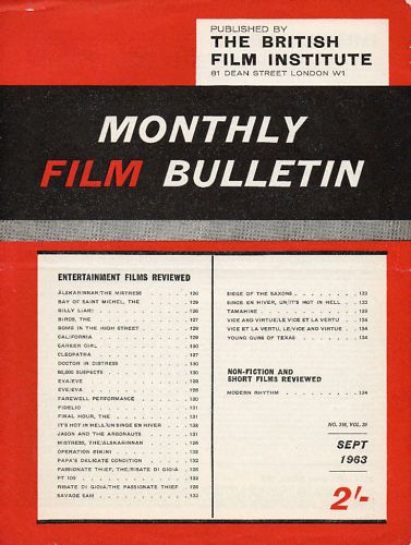 MONTHLY FILM BULLETIN magazine side cover Issue 356 September 1963
