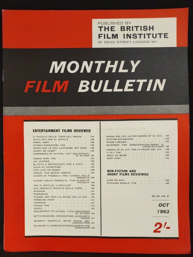 MONTHLY FILM BULLETIN magazine side cover Issue 357 October 1963
