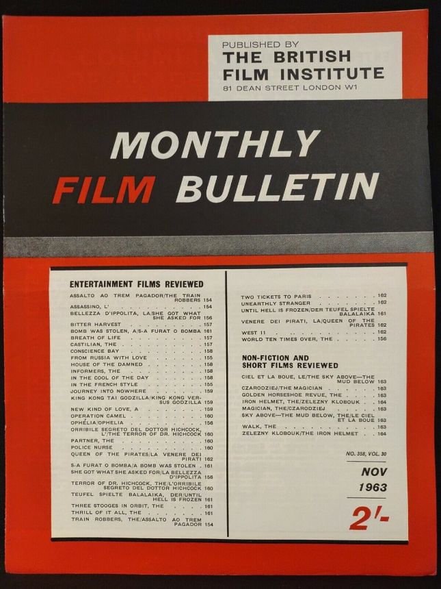 MONTHLY FILM BULLETIN magazine side cover Issue 358 November 1963