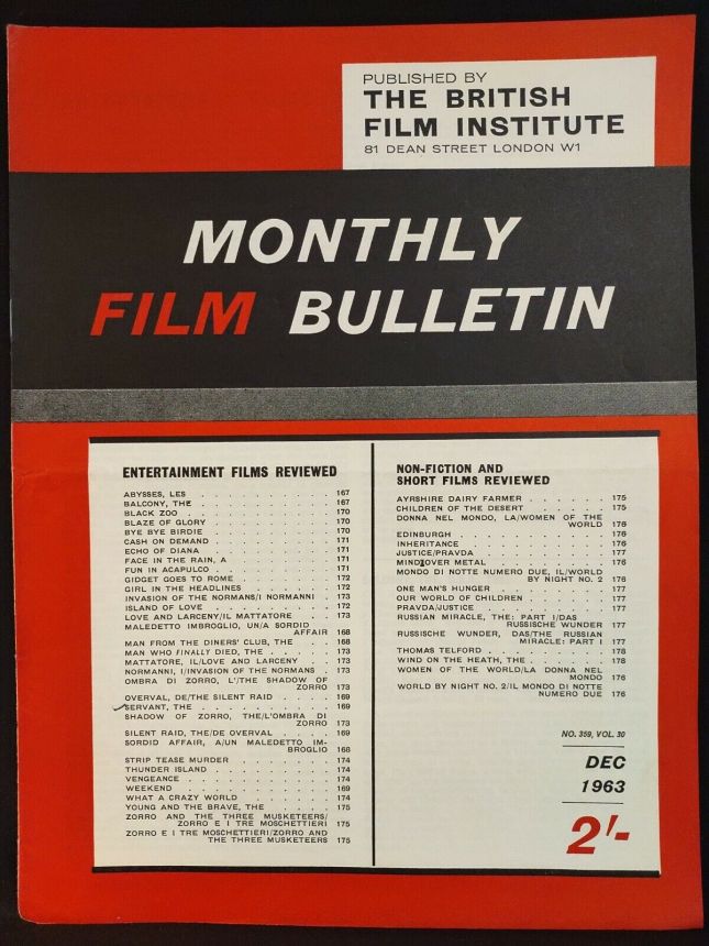 MONTHLY FILM BULLETIN magazine side cover Issue 359 December 1963