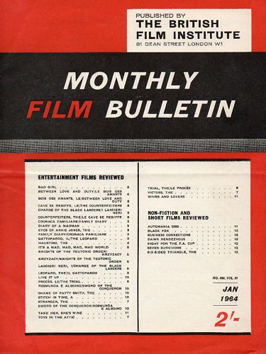 MONTHLY FILM BULLETIN magazine side cover Issue 360 January 1964