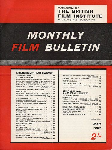 MONTHLY FILM BULLETIN magazine side cover Issue 362 March 1964