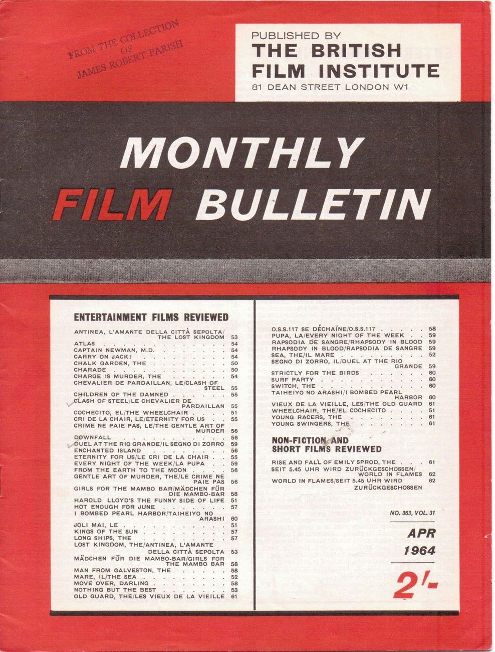 MONTHLY FILM BULLETIN magazine side cover Issue 363 April 1964