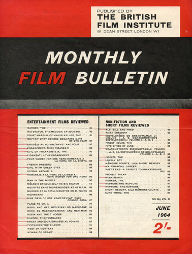 MONTHLY FILM BULLETIN magazine side cover Issue 365 June 1964