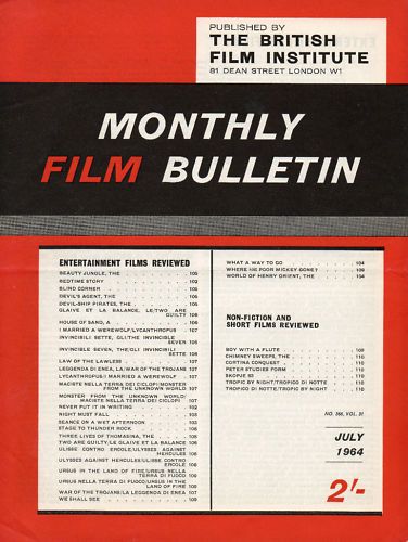 MONTHLY FILM BULLETIN magazine side cover Issue 366 July 1964