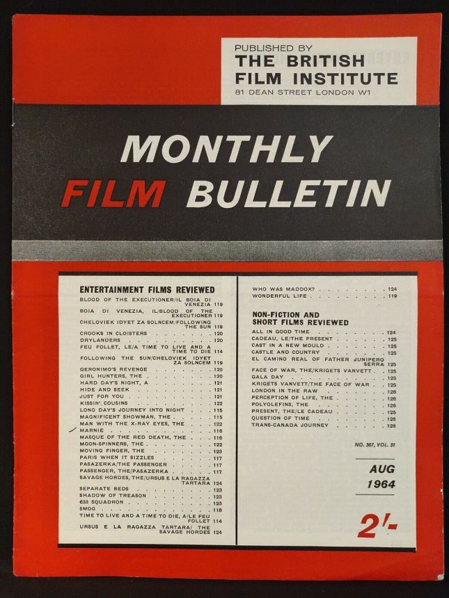 MONTHLY FILM BULLETIN magazine side cover Issue 367 August 1964