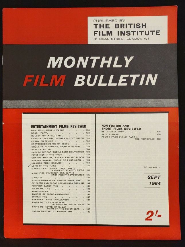 MONTHLY FILM BULLETIN magazine side cover Issue 368 September 1964