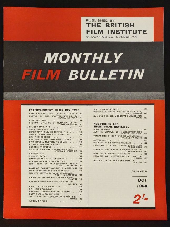 MONTHLY FILM BULLETIN magazine side cover Issue 369 October 1964