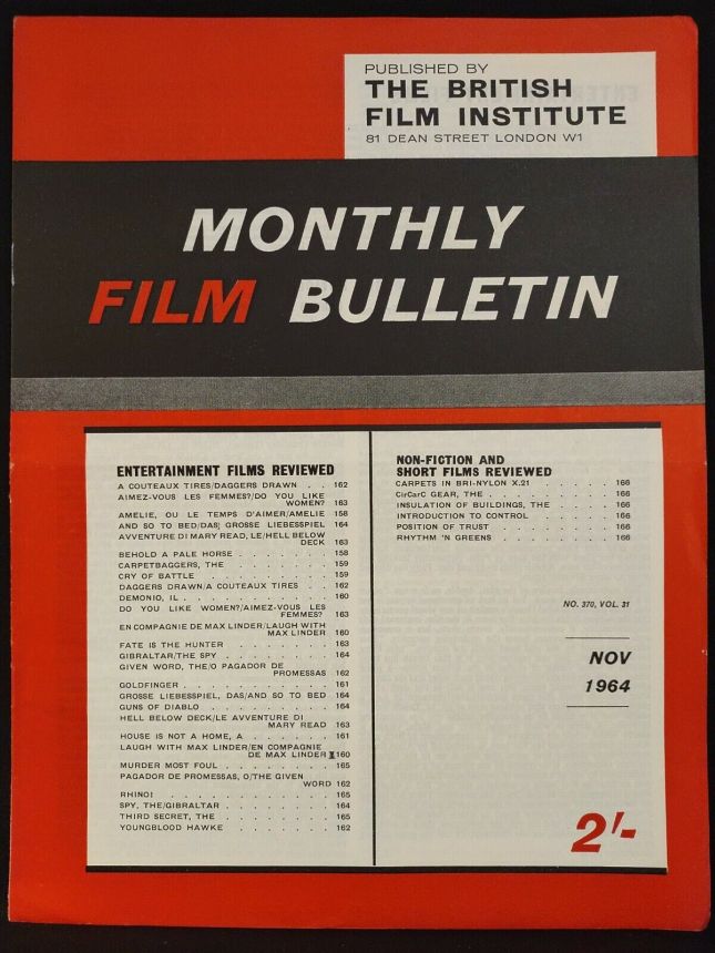 MONTHLY FILM BULLETIN magazine side cover Issue 370 November 1964