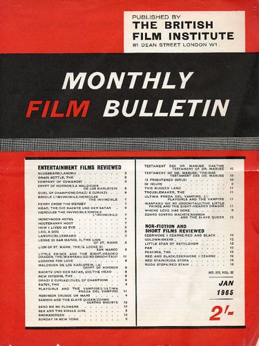 MONTHLY FILM BULLETIN magazine side cover Issue 372 January 1965