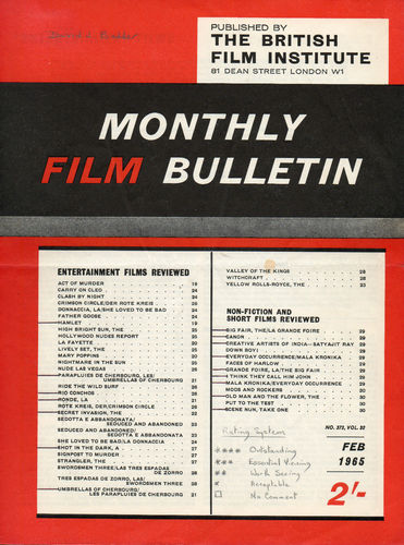 MONTHLY FILM BULLETIN magazine side cover Issue 373 February 1965