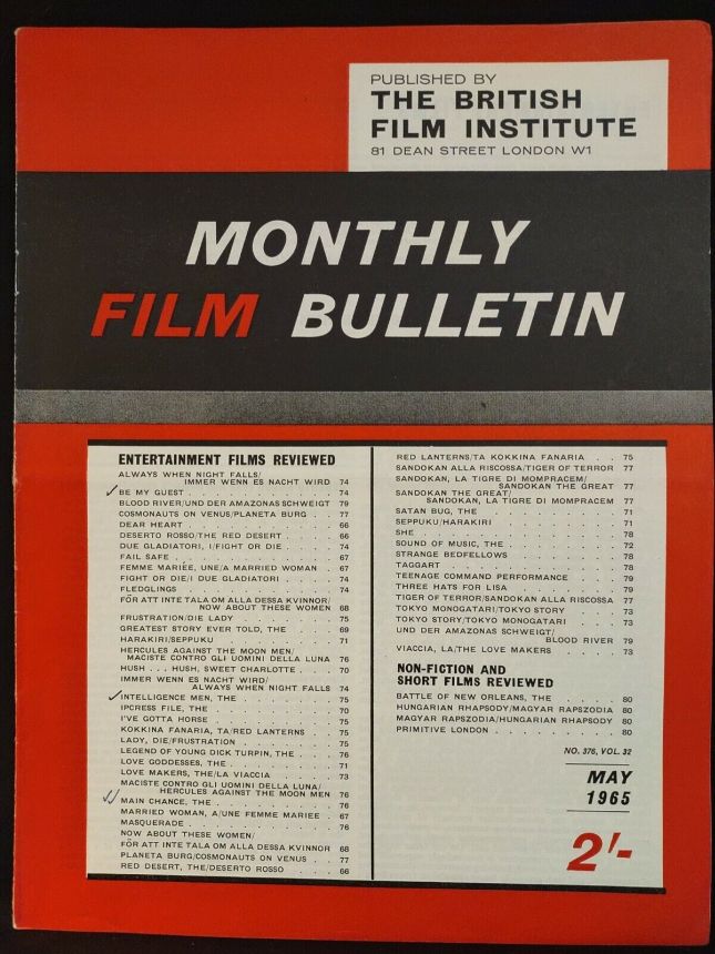 MONTHLY FILM BULLETIN magazine side cover Issue 376 May 1965