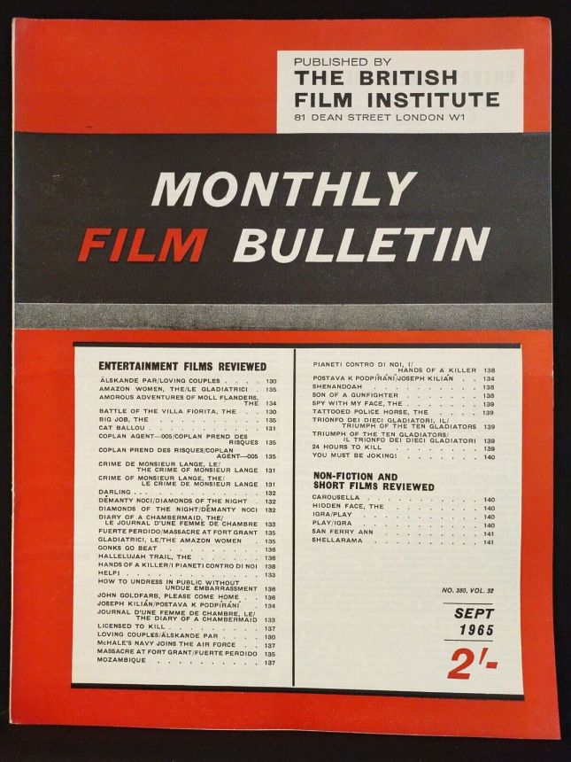 MONTHLY FILM BULLETIN magazine side cover Issue 380 September 1965