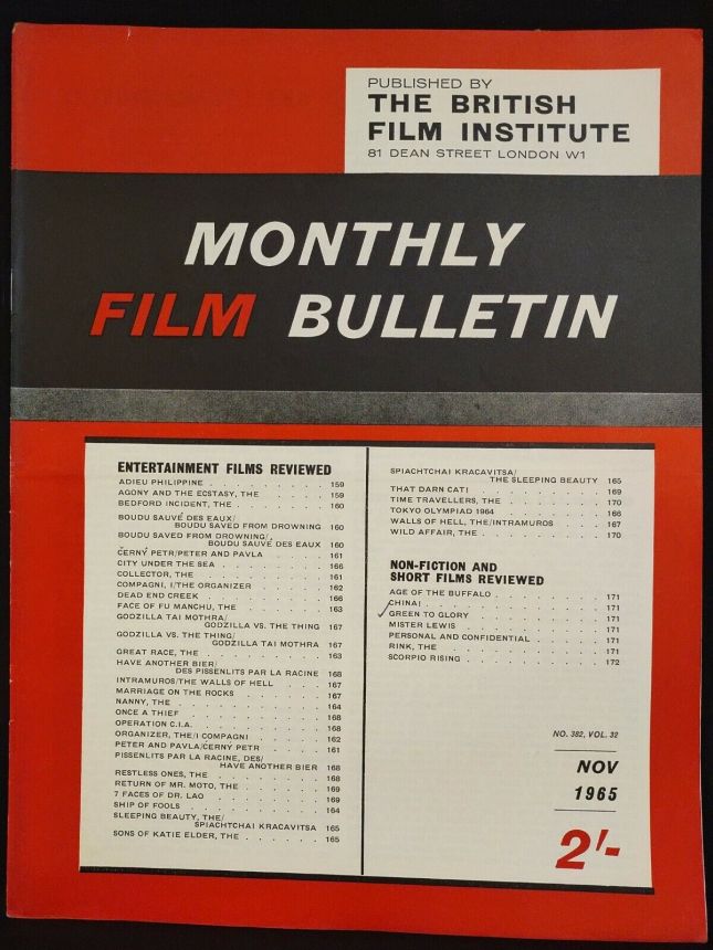 MONTHLY FILM BULLETIN magazine side cover Issue 382 November 1965