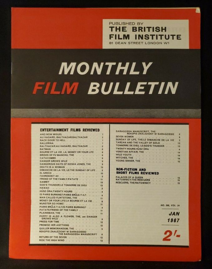 MONTHLY FILM BULLETIN magazine side cover Issue 396 January 1967