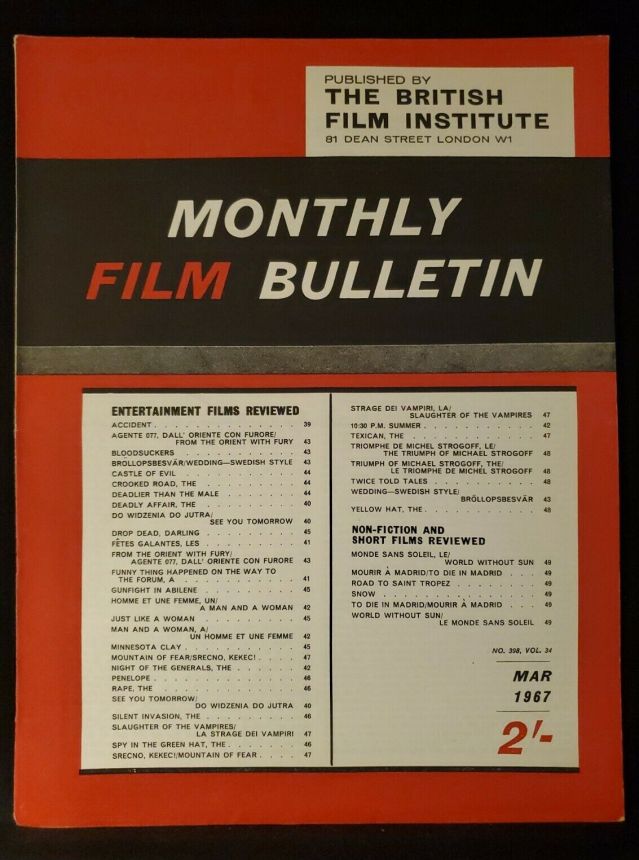 MONTHLY FILM BULLETIN magazine side cover Issue 398 March 1967