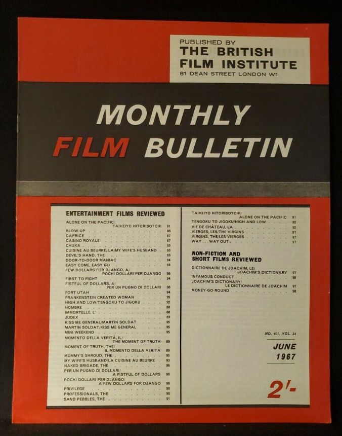 MONTHLY FILM BULLETIN magazine side cover Issue 401 June 1967