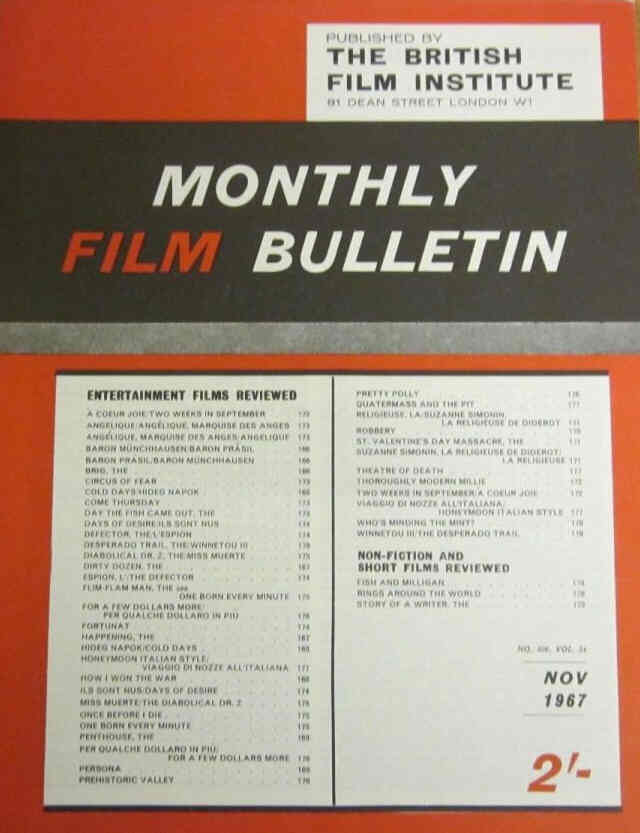 MONTHLY FILM BULLETIN magazine side cover Issue 406 November 1967