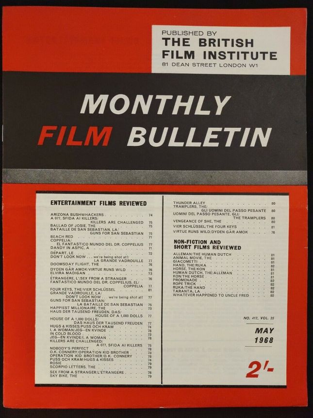 MONTHLY FILM BULLETIN magazine side cover Issue 412 May 1968
