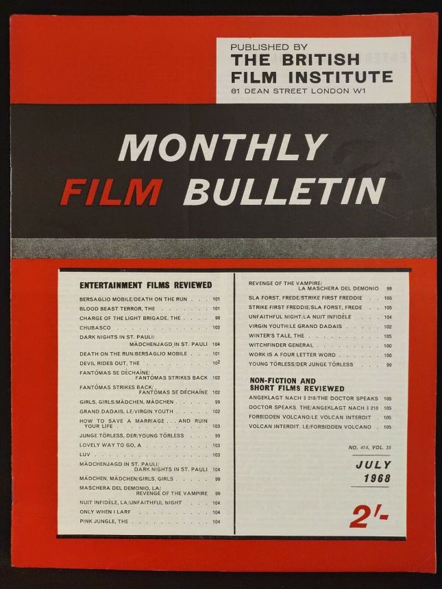 MONTHLY FILM BULLETIN magazine side cover Issue 414 July 1968