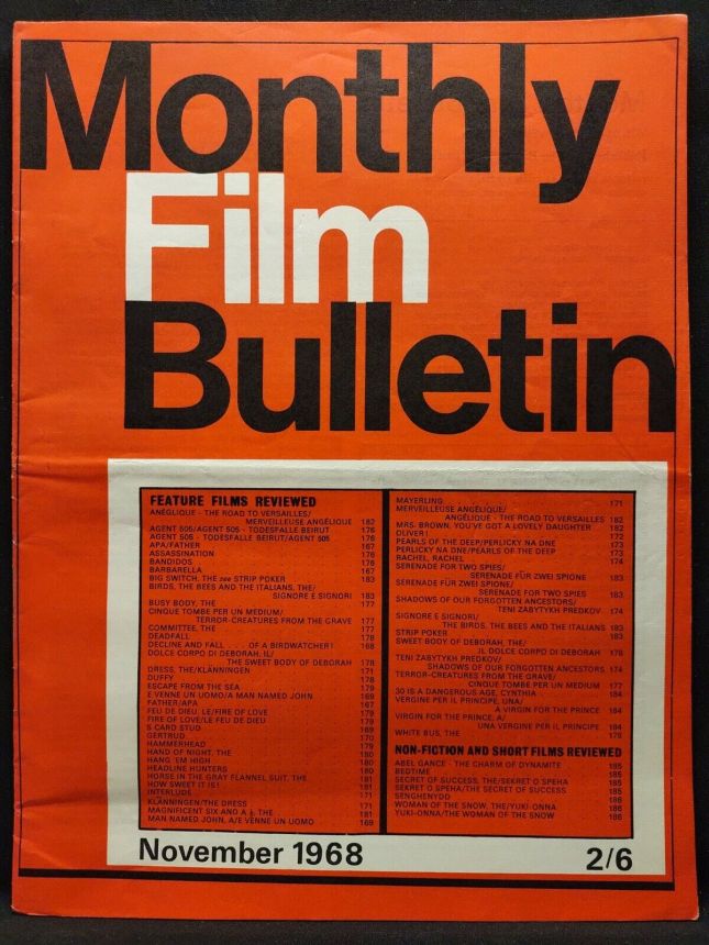 MONTHLY FILM BULLETIN magazine side cover Issue 418 November 1968