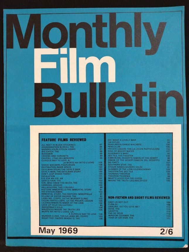 MONTHLY FILM BULLETIN magazine side cover Issue 424 May 1969