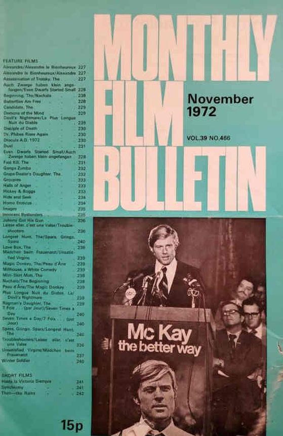 MONTHLY FILM BULLETIN magazine side cover Issue 466 November 1972