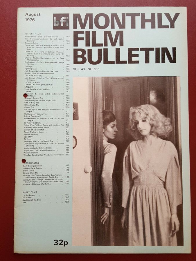 MONTHLY FILM BULLETIN magazine side cover Issue 511 August 1976