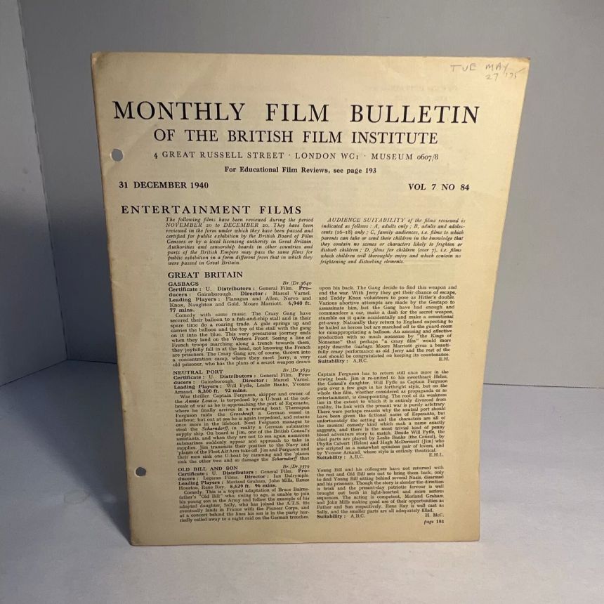 MONTHLY FILM BULLETIN magazine side cover Issue 84 December 1940