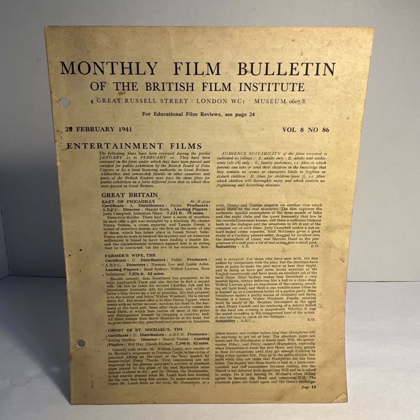 MONTHLY FILM BULLETIN magazine side cover Issue 86 February 1941