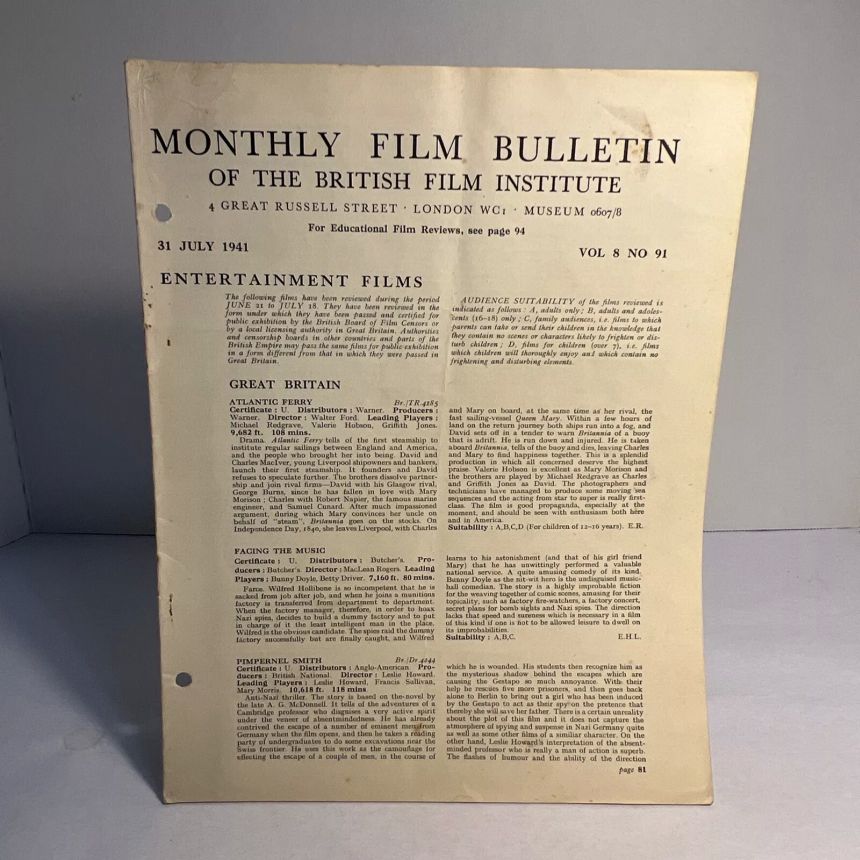 MONTHLY FILM BULLETIN magazine side cover Issue 91 July 1941