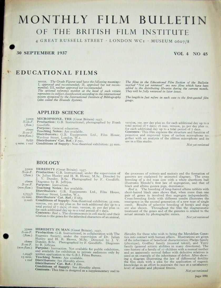 MONTHLY FILM BULLETIN magazine side cover  Vol 4 No  45  September 1937