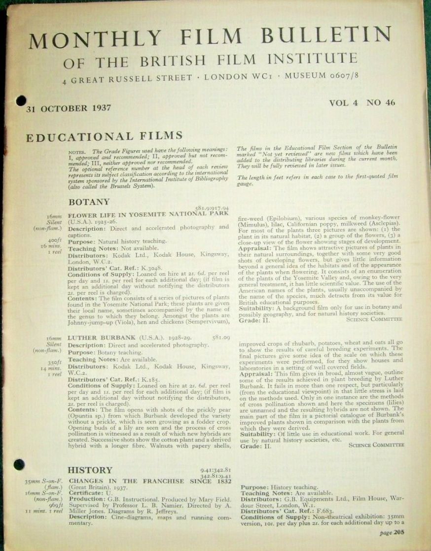 MONTHLY FILM BULLETIN magazine side cover  Vol 4 No  46  October 1937