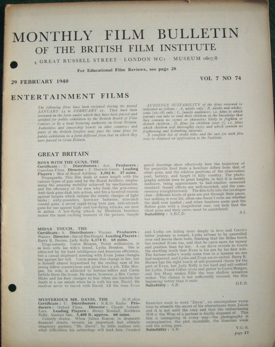 MONTHLY FILM BULLETIN magazine side cover  Vol 7 No  74  February 1940